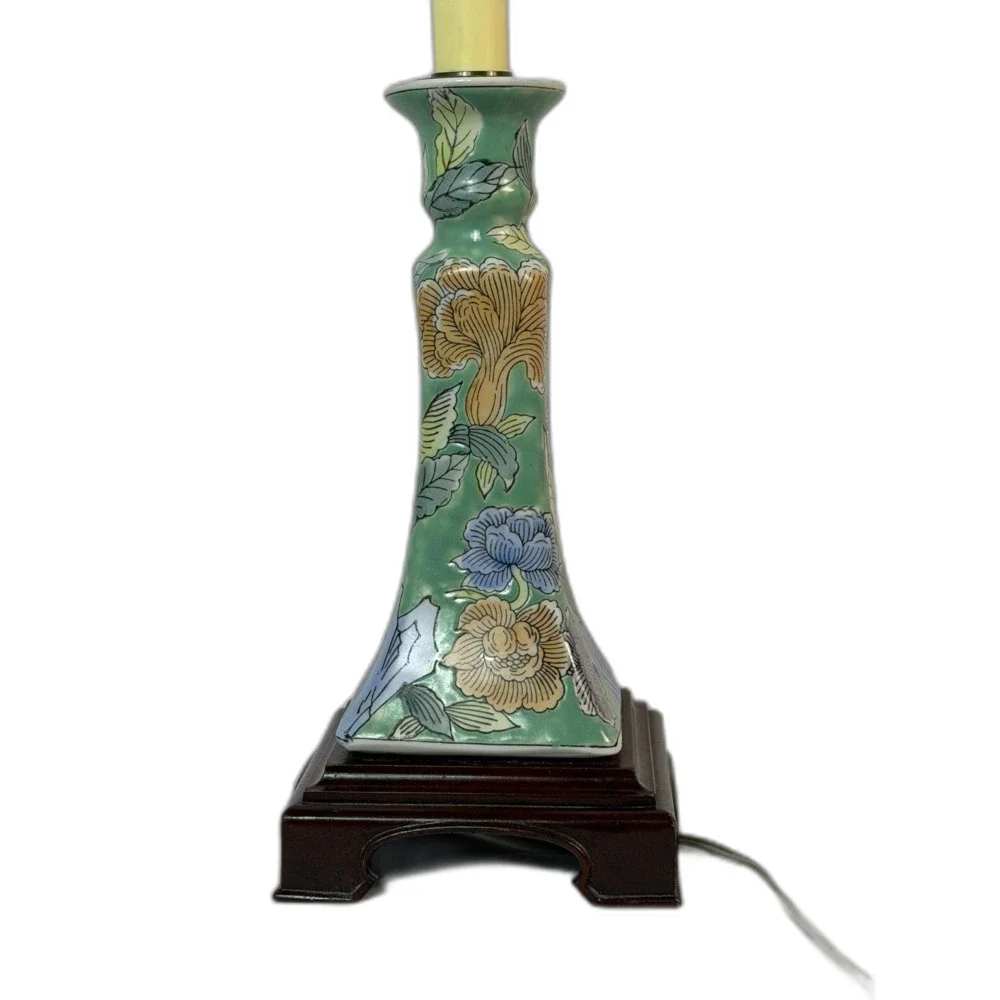 Vintage Green Floral Asian Wood Base Table Lamp Chinoserie TWO AVAIL Candlestick